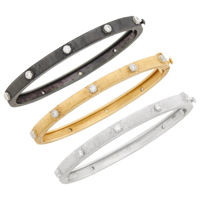 Buccellati Three Rose, White and Blackened Gold and Diamond Bangle Bracelets
