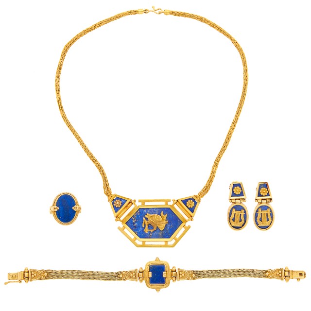 Petros and Takis Gold and Lapis Necklace, Bracelet, Pair of Earrings and Ring