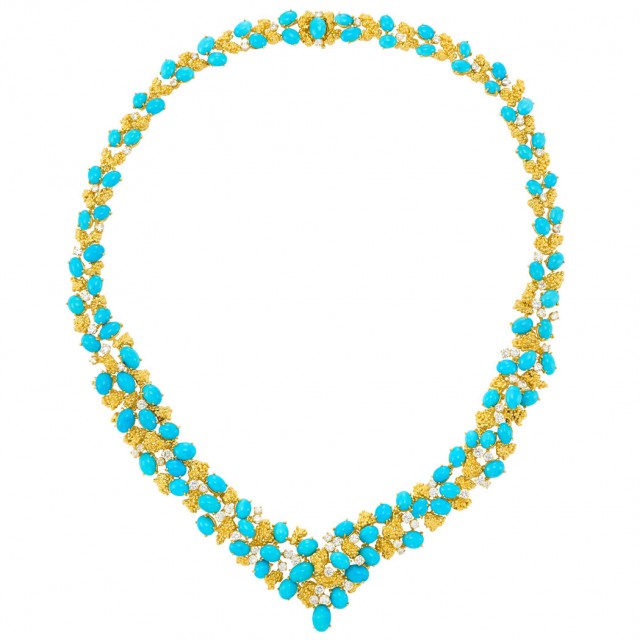 Gold-Plated Gold, Turquoise and Diamond Necklace