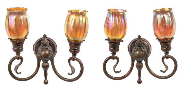 Pair of Tiffany Studios Bronze and Gold Ribbed Favrile Glass Two-Light Sconces