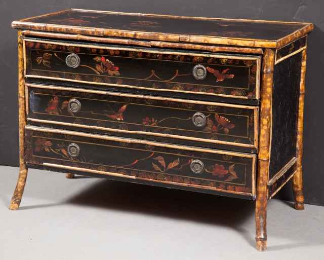 Victorian Bamboo and Polychrome-Japanned Low Chest of Drawers