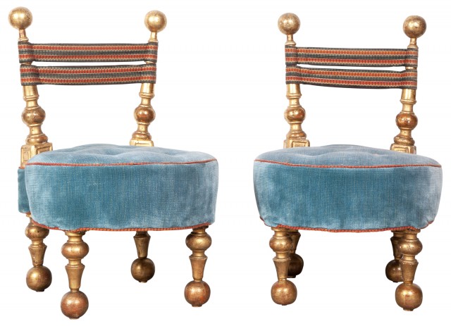 Pair of Italian Velvet-Upholstered Giltwood Slipper Chairs