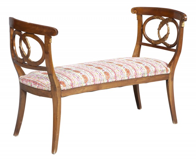 Directoire Style Upholstered Parcel-Gilt Walnut Window Bench with Swan Carvings