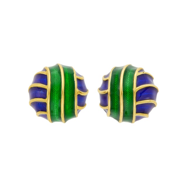 Tiffany and Co. Pair of Blue and Green Enamel Dome Earclips