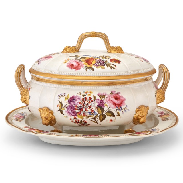 Derby Gilt-Decorated Porcelain Soup Tureen, Cover and Stand