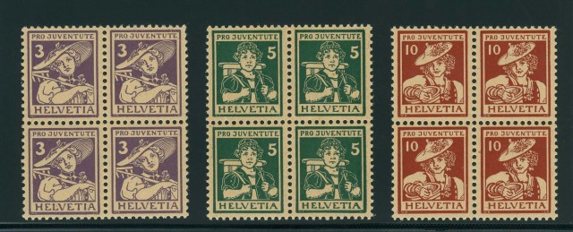 Switzerland Semi-Postals 1916 Pro Juvenate Blocks of Four Scott B4-6