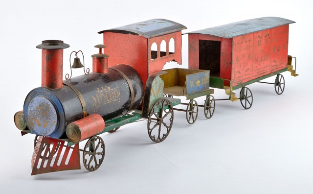 Early American Tin Locomotive, Baggage Car and Coal Tender