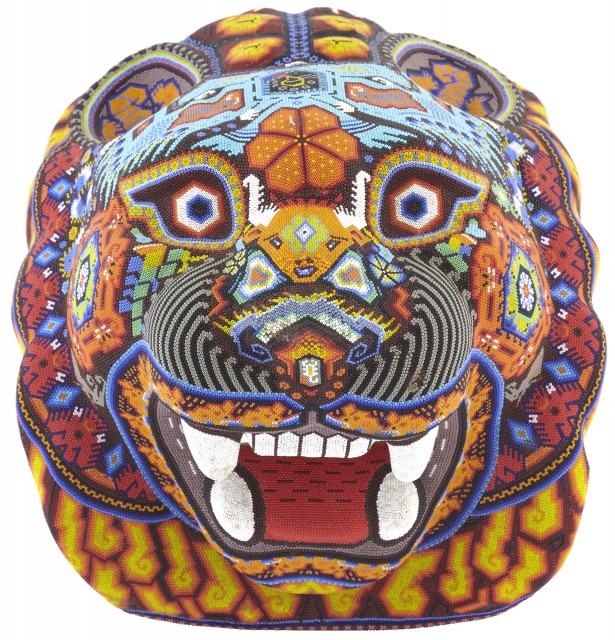 Mexican Beaded and Carved Wood Jaguar Mask