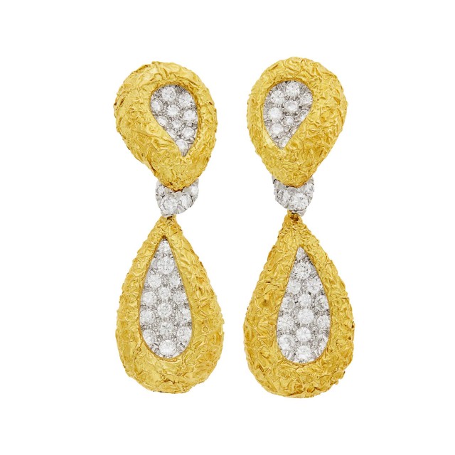 Pair of Gold, Platinum and Diamond Pendant-Earclips