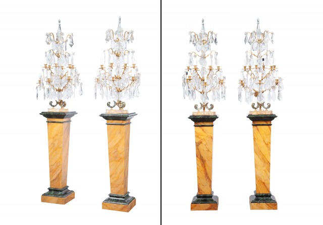 Set of Four Louis XV Style Gilt-Bronze, Cut Glass and Mirrored Girandoles on Pedestals