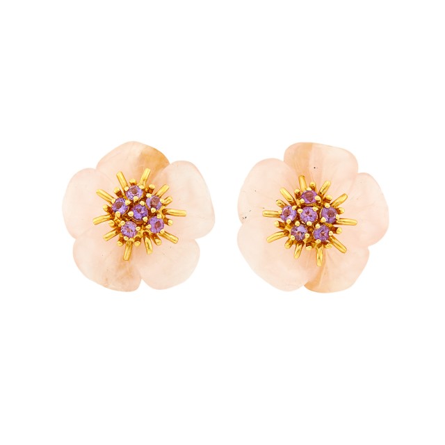 Pair of Gold, Carved Rose Quartz and Amethyst Flower Earclips