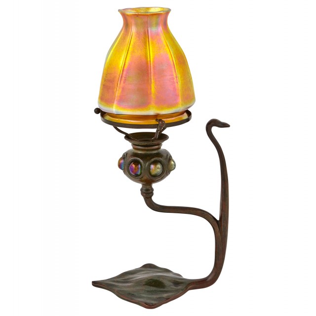 Tiffany Studios Bronze and Favrile Glass "Jeweled" Candlestick Lamp