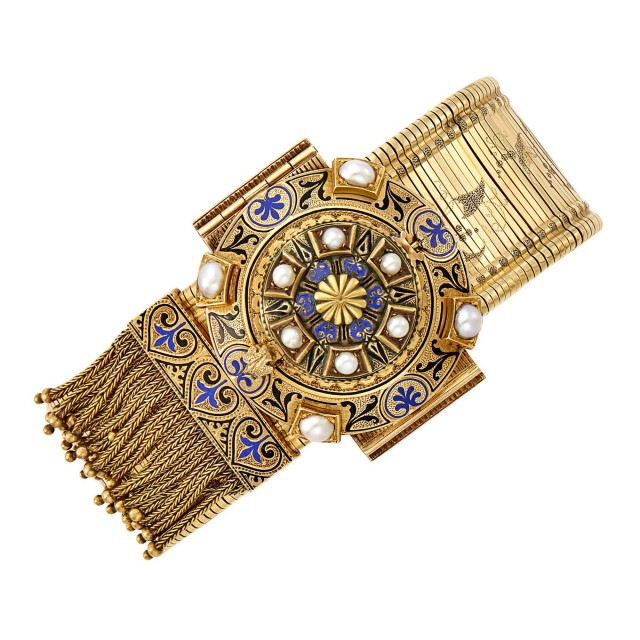 Antique Gold, Enamel and Split Pearl Slide Fringe Bracelet-Watch