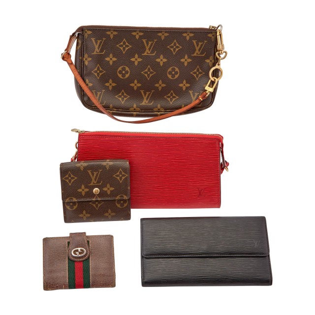 Louis Vuitton Monogram Pochette and Wallet, Black Epi Leather Wallet, Red Epi Leather Pochette and Gucci Card Holder