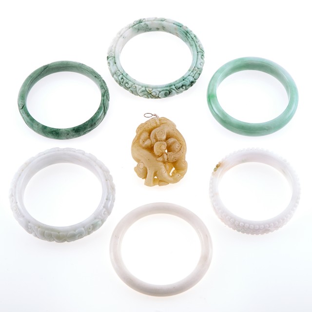 Six Jade Bangle Bracelets and Carved Jade Pendant