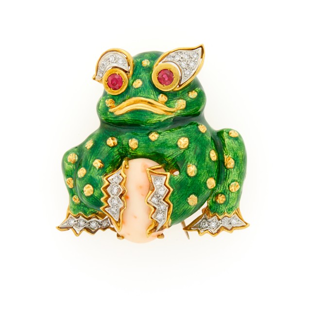 Gold, Green Enamel, Angel Skin Coral, Diamond and Ruby Frog Clip-Brooch