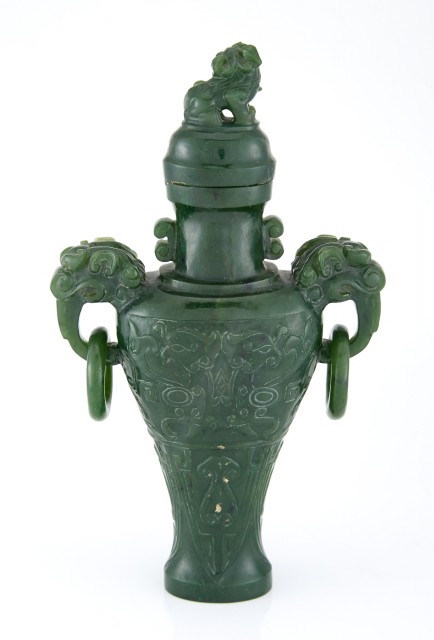 Chinese Spinach Green Jade Covered Vase
