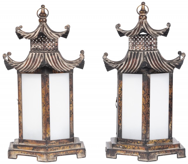 Pair of Chinese Style Patinated Metal and Glass Lanterns