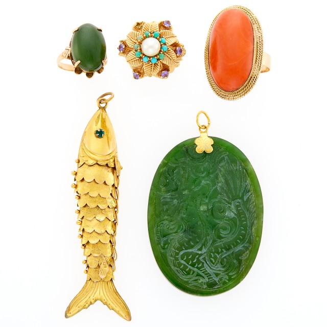 Three Gold, Metal and Hardstone Rings and Two Pendants