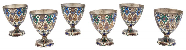 Set of Six Silver-Gilt and Enamel Zarfs    Continental or Turkish, circa