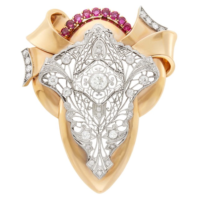 Rose Gold, Platinum, Diamond and Ruby Pendant-Brooch