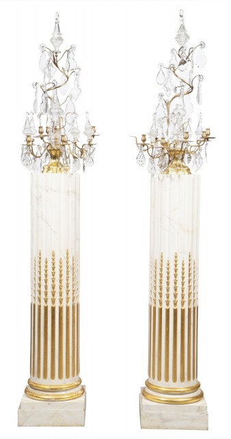 Pair of Louis XV Style Gilt-Bronze and Cut Glass Girandoles on Painted and Parcel-Gilt Pedestals