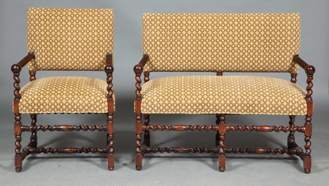 Baroque Style Stained Wood Upholstered Settee and Armchair