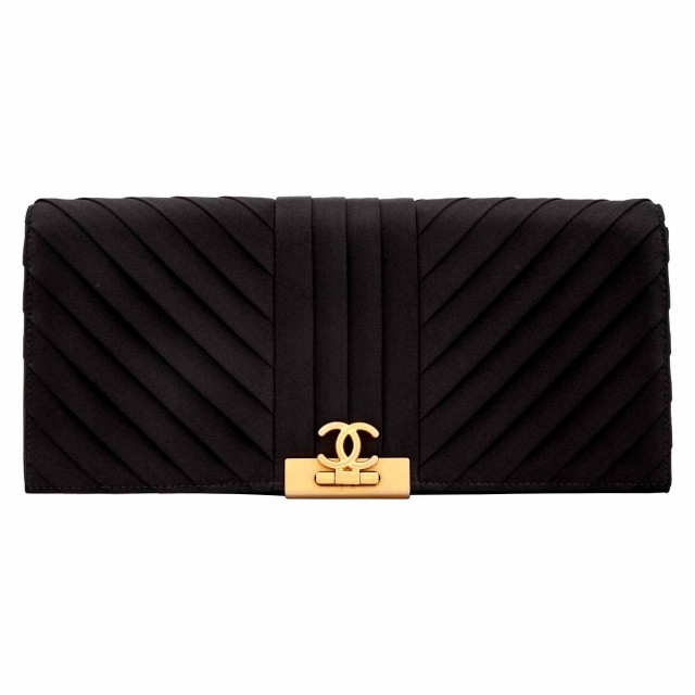 Chanel Black Satin Pleated Chevron Flip Lock Clutch
