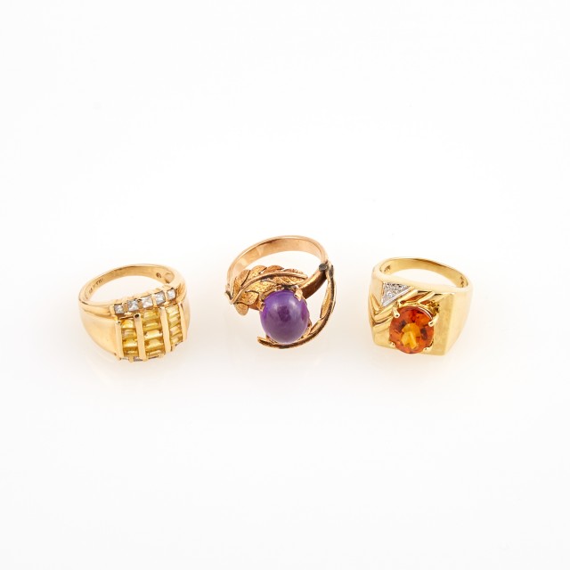 Diamond and Stone Ring and Two Gold and Stone Rings, 14K 11 dwt. all