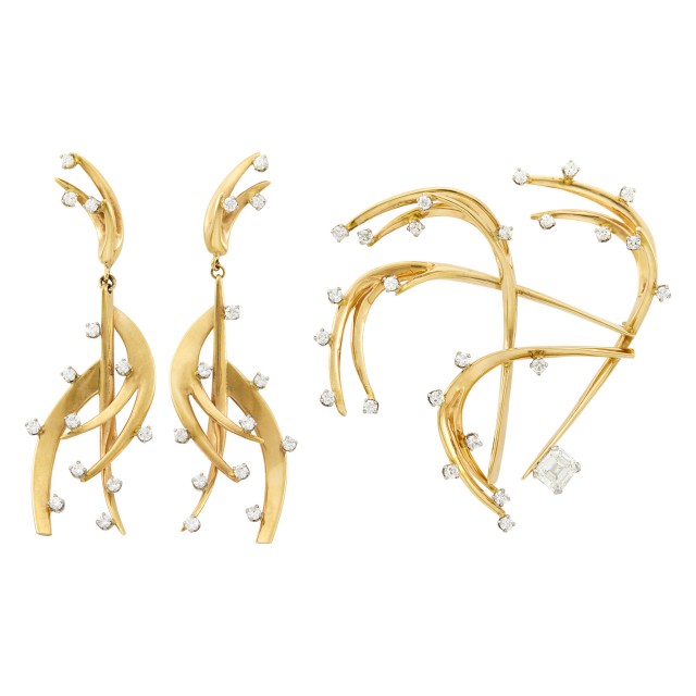 Gold and Diamond Absract Brooch and Pair of Pendant-Earclips