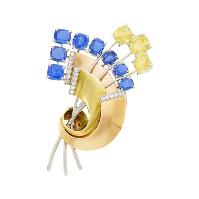 Two-Color Gold, Platinum, Blue and Yellow Sapphire and Diamond Clip-Brooch