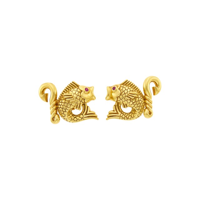 Tiffany and Co. Pair of Gold and Ruby Fish and Hook Cufflinks