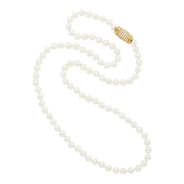 Long Cultured Pearl Necklace with Gold and Diamond Clasp