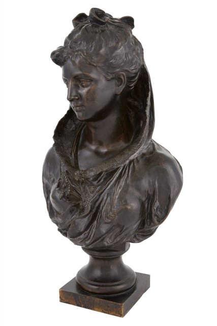 Patinated Metal Bust of a Young Woman Entitled Daisy Won't Tell