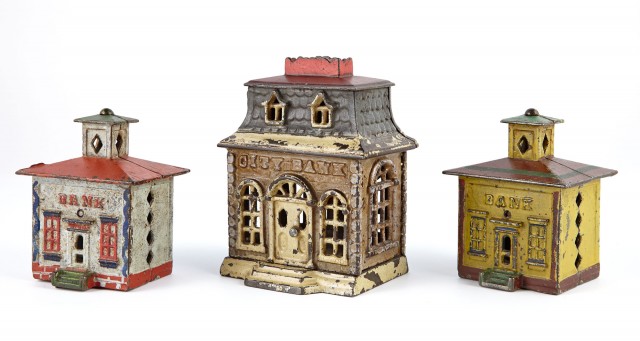 Group of Three Architectural Cast Iron Still Banks