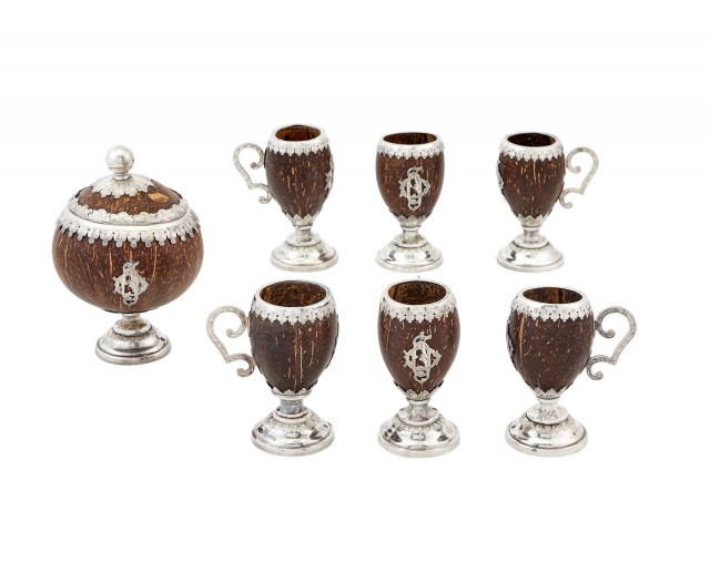 Set of Six Continental Silver Plate Mounted Coconut Cups