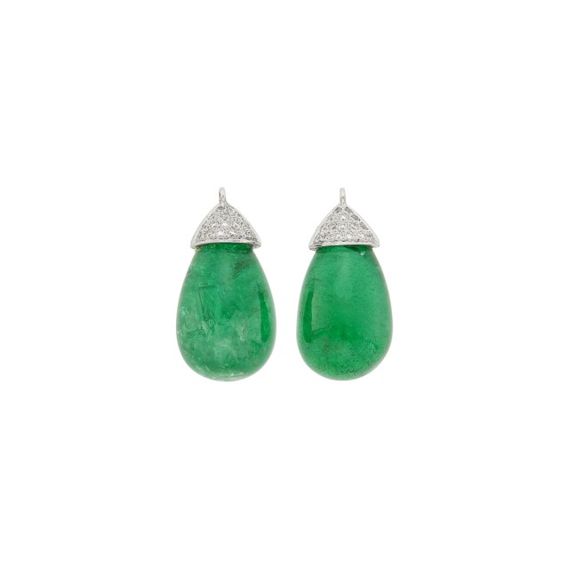 Pair of White Gold, Cabochon Emerald and Diamond Ear Pendants