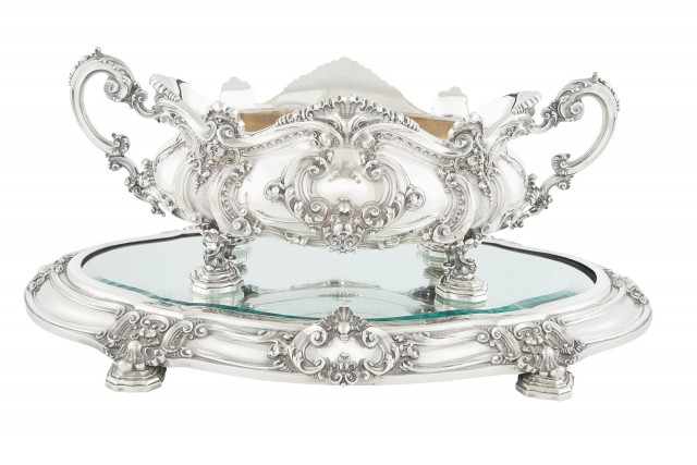 Portuguese First Standard Silver Centerpiece Jardiniere and Mirror Plateau