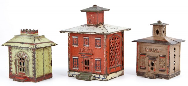 Group of Three Cast Iron Architectural Still Banks