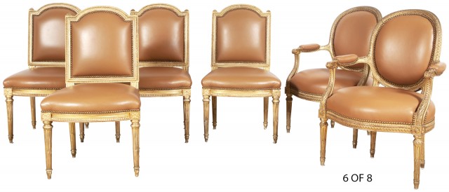 Assembled Set of Eight Louis XVI Style Giltwood and Leather-Upholstered Dining Chairs
