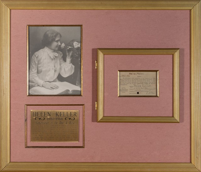 KELLER, HELEN  Twice signed library card for the Public Library of Cincinnati.