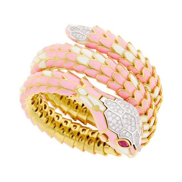 Gold-Plated Silver, White Gold, Pink and White Enamel and Diamond Snake Bracelet-Watch