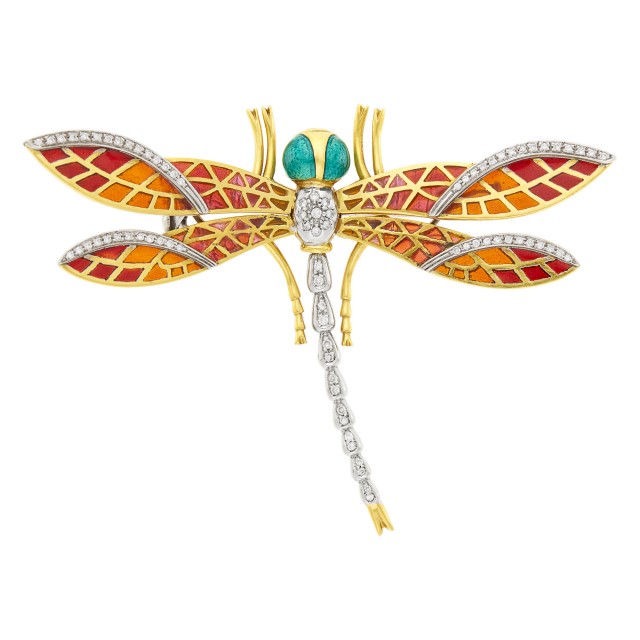 Two-Color Gold, Plique-à-Jour Enamel and Diamond Dragonfly Clip-Brooch