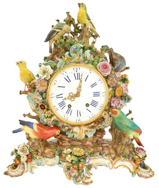 German Porcelain Bird and Floral Decorated Mantel Clock
