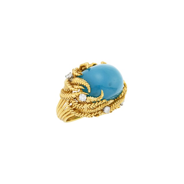 David Webb Gold, Platinum, Chrysocolla and Diamond Ring