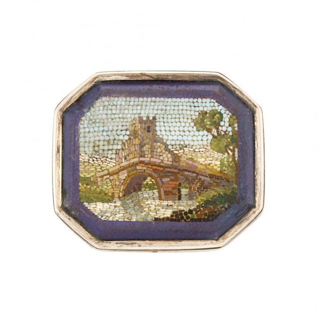 Antique Low Karat Gold, Micromosaic and Enamel Brooch