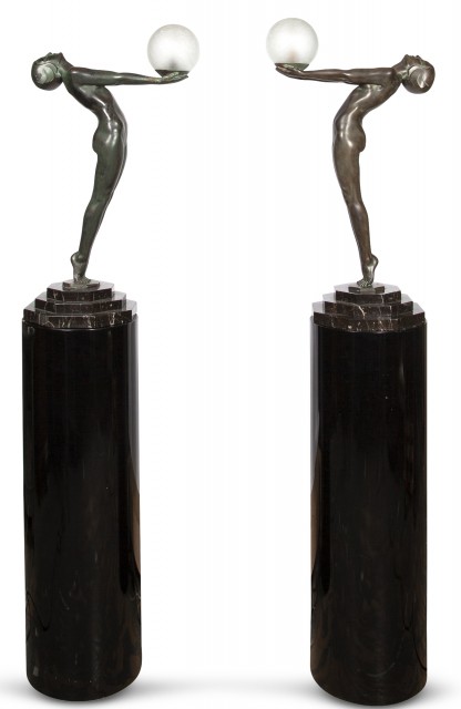 Pair of Art Deco Style Patinated Metal Figural Lamps