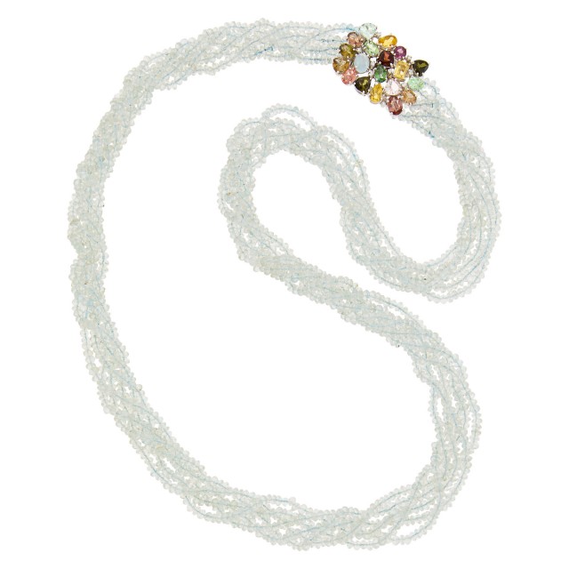 Seaman Schepps Six Strand Aquamarine Bead Torsade Necklace with White Gold, Colored Stone and Diamond Brooch/Clasp