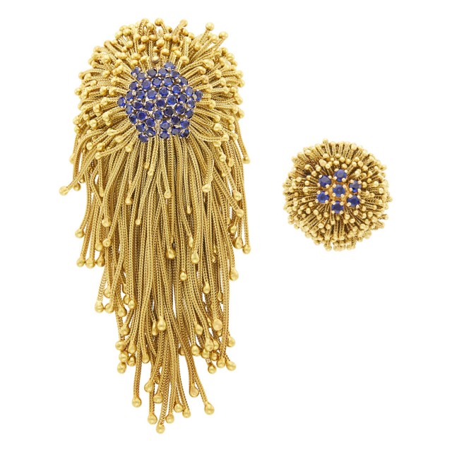 Gold and Sapphire Chain Fringe Clip and Ring
