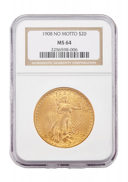 United States 1908 No Motto $20 St. Gaudens NGC MS64